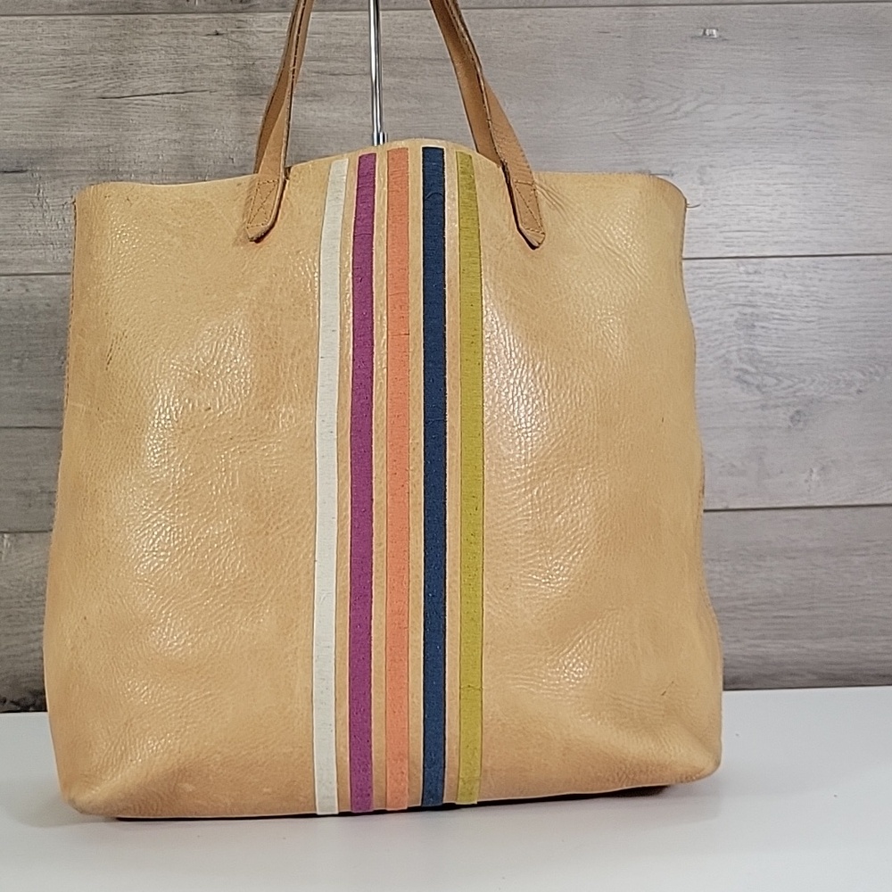 Madewell Tan Leather Embroidered Stripe Tote Bag - Picture 2 of 15